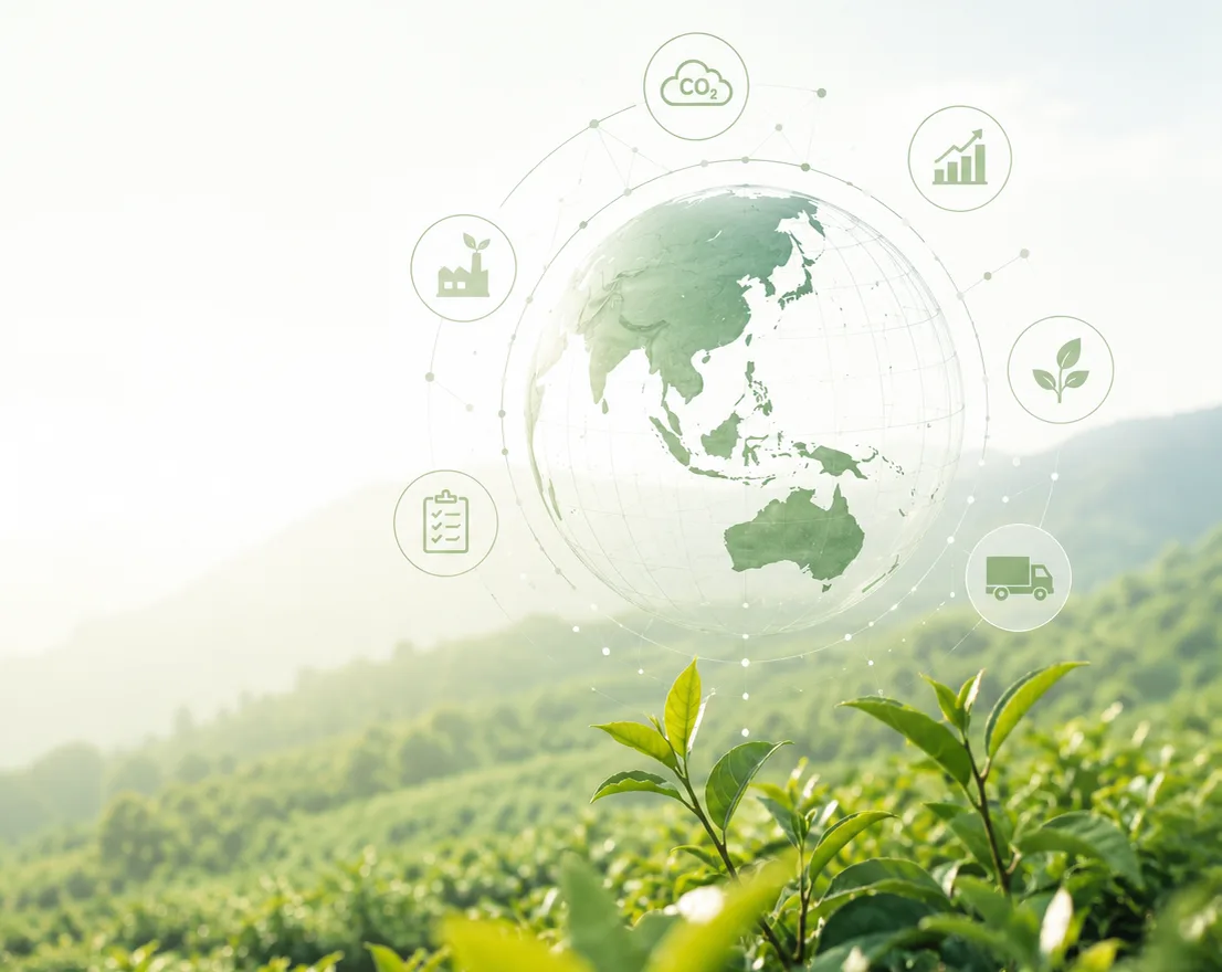 A tea plantation under a transparent globe surrounded by icons for emissions, transport, cultivation and reporting.