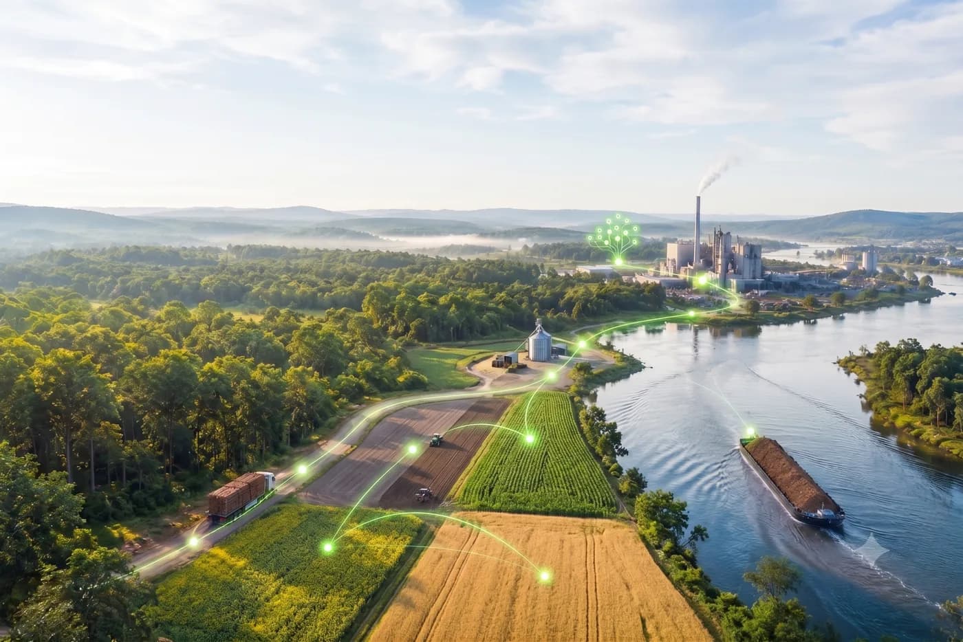 Aerial view of a biomass supply chain: managed forest, farmland, a storage silo, a processing plant and a river barge, connected by a single traced route.